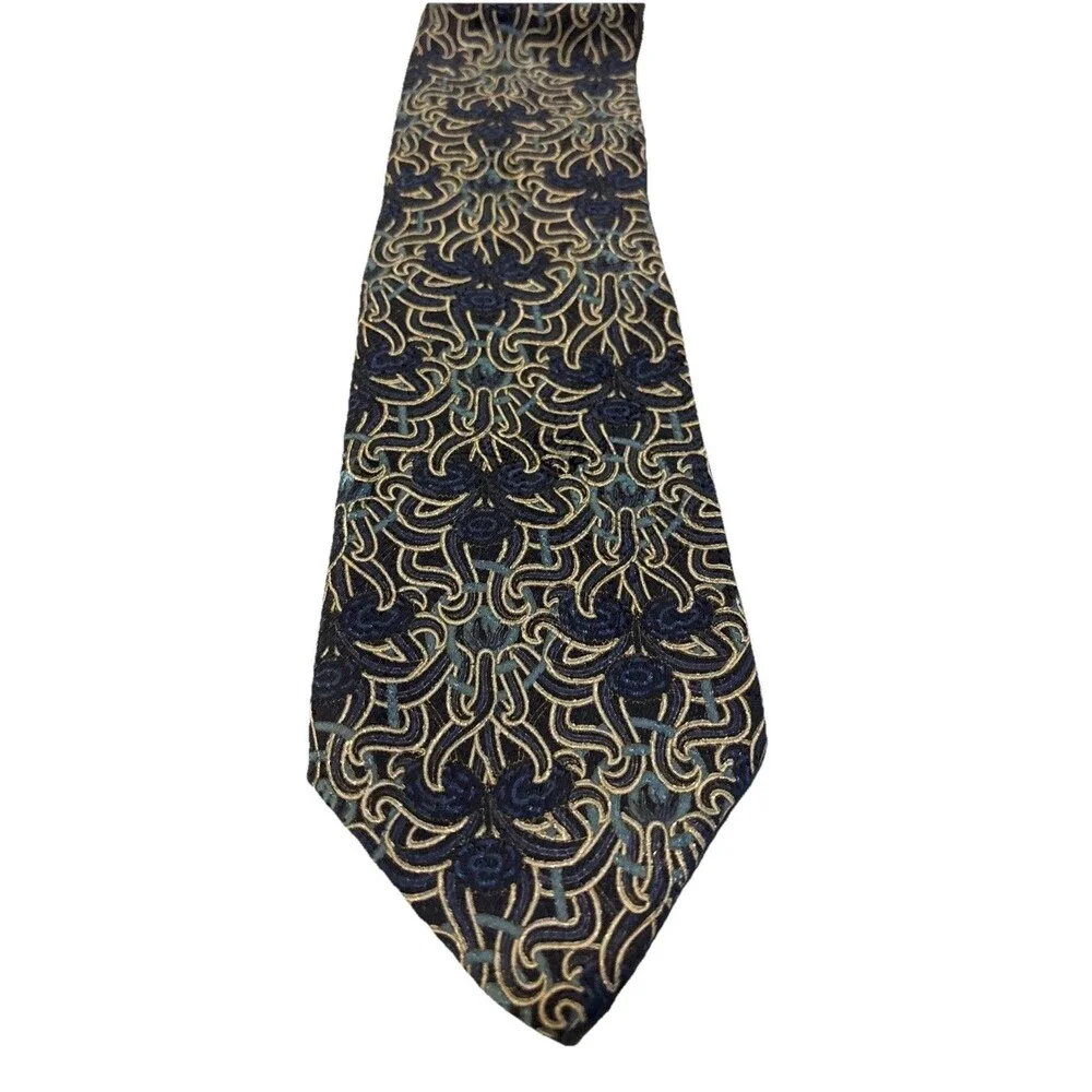Brioni 100% Silk Men’s Tie  Navy With Green And Gold Pattern 62” X 4”